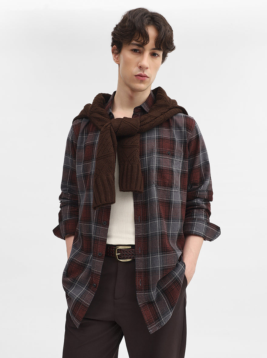 Maroon Checked Slim Fit Casual Shirt | JadeBlue