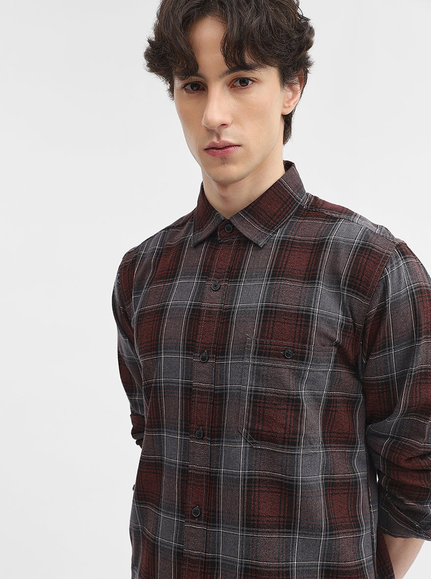 Maroon Checked Slim Fit Casual Shirt | JadeBlue