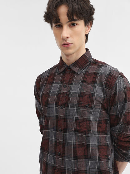 Maroon Checked Slim Fit Casual Shirt | JadeBlue