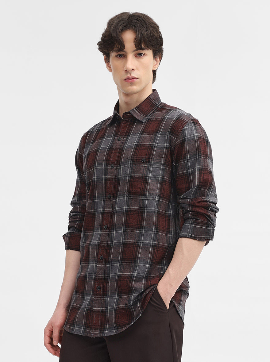 Maroon Checked Slim Fit Casual Shirt | JadeBlue