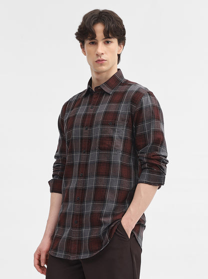 Maroon Checked Slim Fit Casual Shirt | JadeBlue