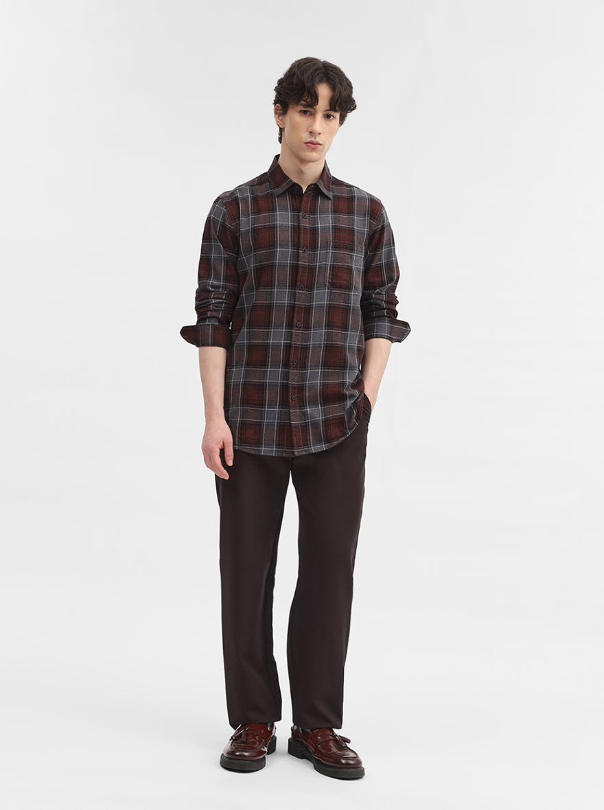 Maroon Checked Slim Fit Casual Shirt | JadeBlue