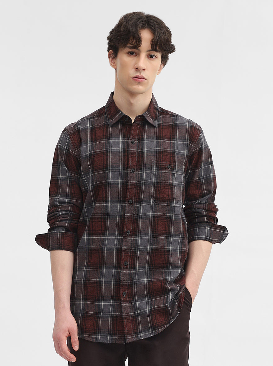 Maroon Checked Slim Fit Casual Shirt | JadeBlue