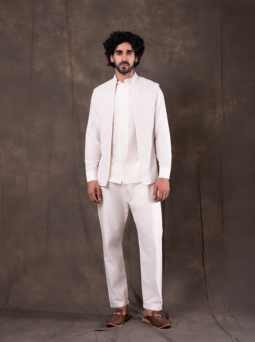 Cream Embroidered  Kurta Pajama with Koti | TULA