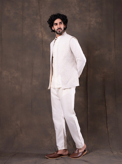 Cream Embroidered  Kurta Pajama with Koti | TULA