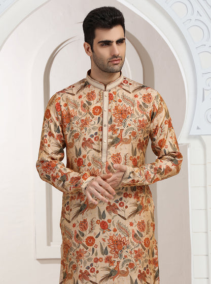 Cream & Orange Printed Kurta Pajama | Virasana