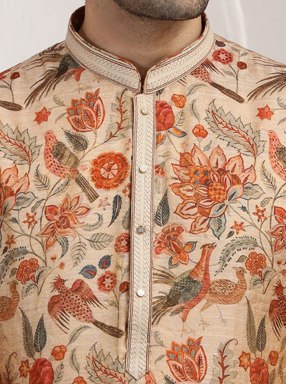 Cream & Orange Printed Kurta Pajama | Virasana
