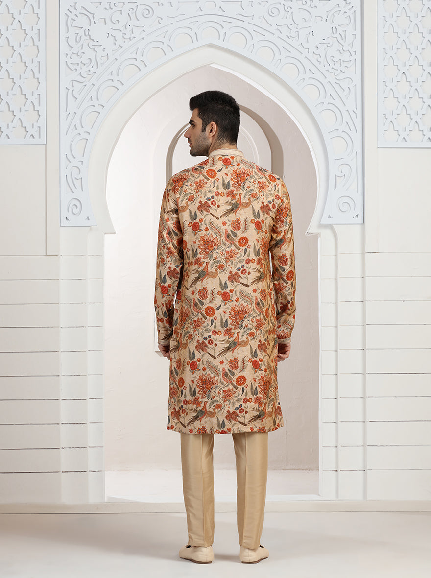 Cream & Orange Printed Kurta Pajama | Virasana