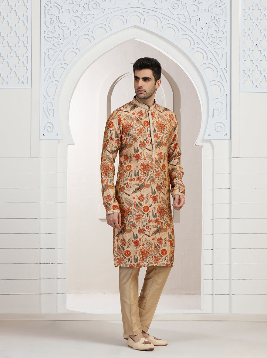 Cream & Orange Printed Kurta Pajama | Virasana