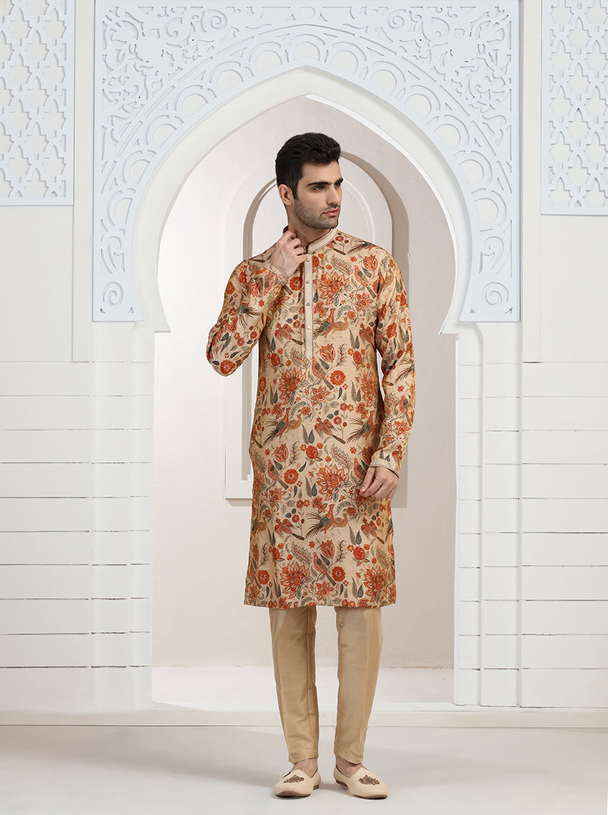 Cream & Orange Printed Kurta Pajama | Virasana