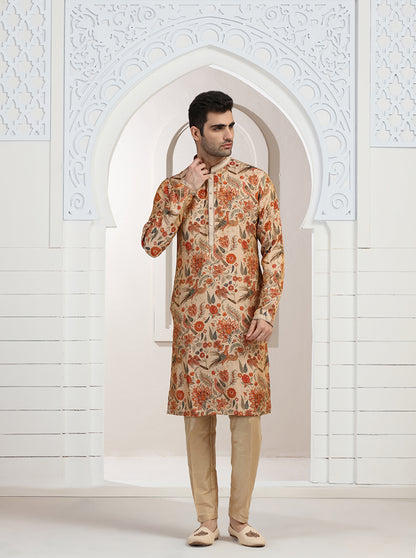 Cream & Orange Printed Kurta Pajama | Virasana