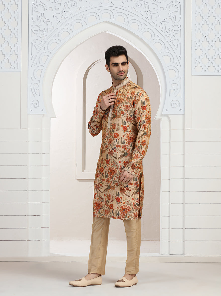 Cream & Orange Printed Kurta Pajama | Virasana