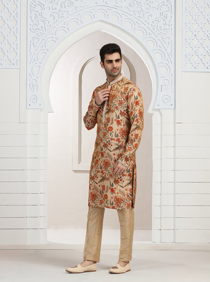 Cream & Orange Printed Kurta Pajama | Virasana