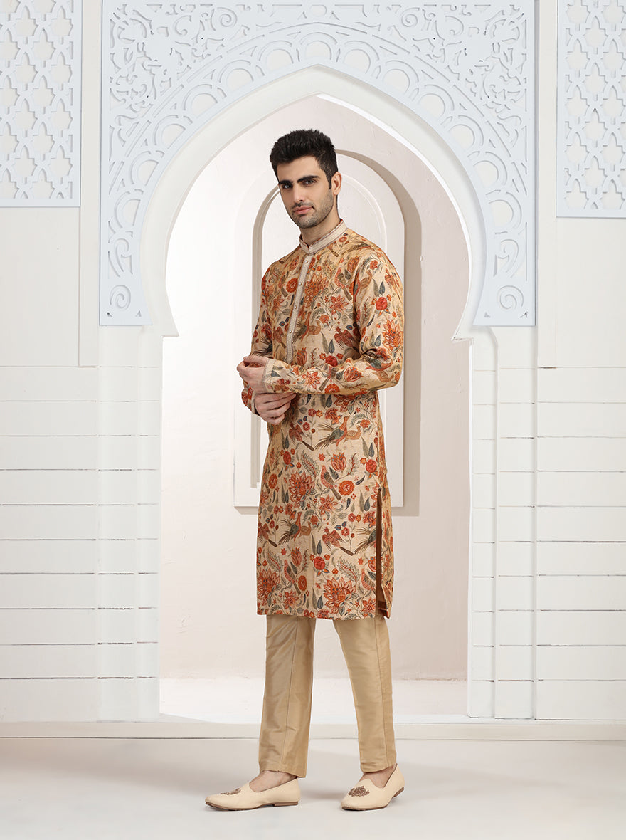 Cream & Orange Printed Kurta Pajama | Virasana