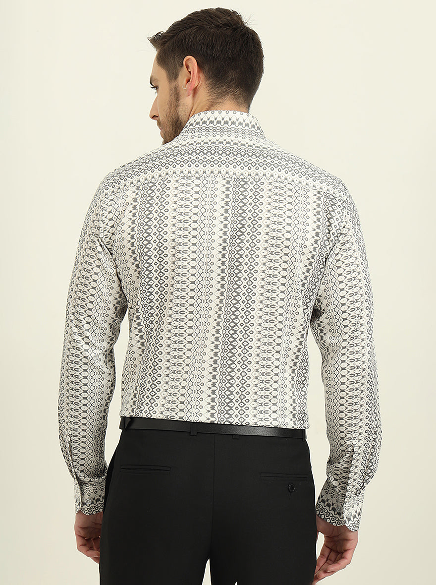 White & Grey Printed Slim Fit Party Wear Shirt | Wyre