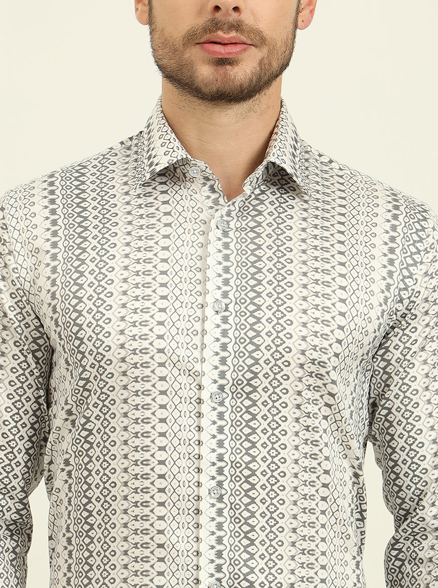 White & Grey Printed Slim Fit Party Wear Shirt | Wyre