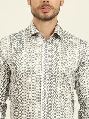 White & Grey Printed Slim Fit Party Wear Shirt | Wyre