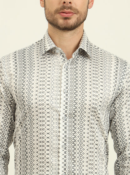 White & Grey Printed Slim Fit Party Wear Shirt | Wyre