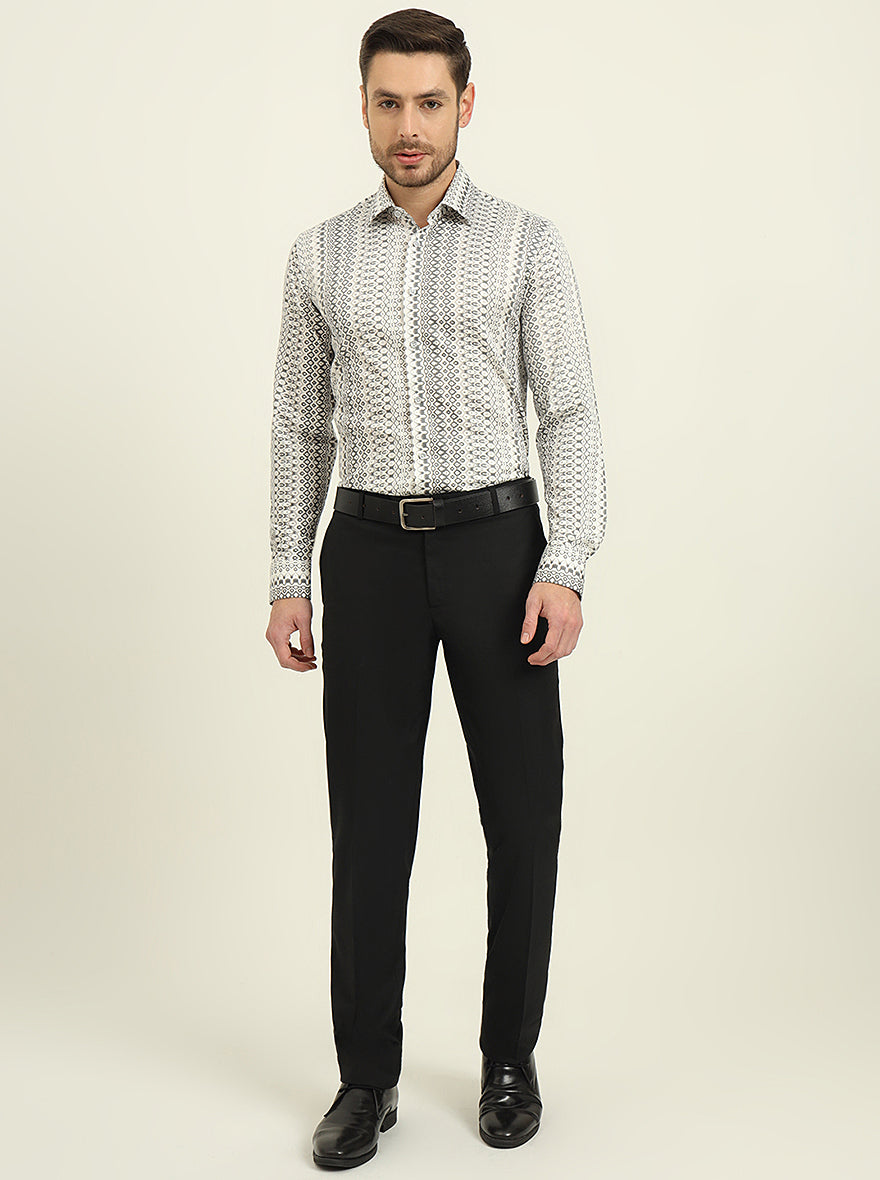 White & Grey Printed Slim Fit Party Wear Shirt | Wyre