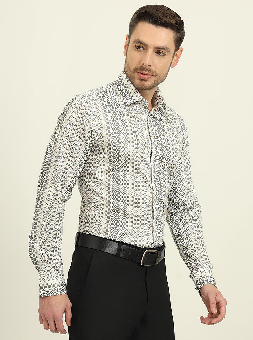 White & Grey Printed Slim Fit Party Wear Shirt | Wyre