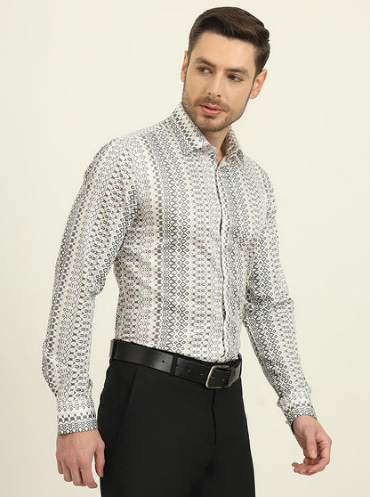 White & Grey Printed Slim Fit Party Wear Shirt | Wyre