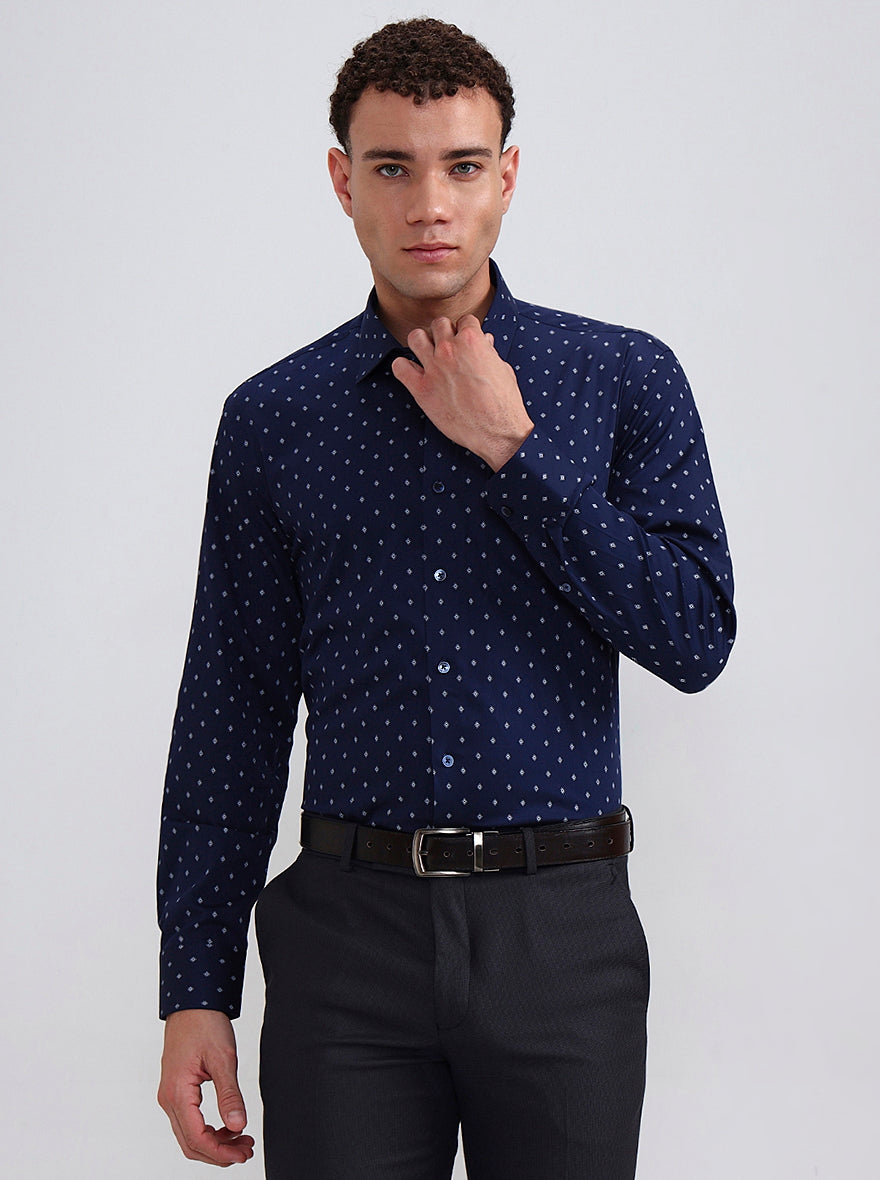 Blue Printed Regular Fit Formal Shirt | JadeBlue