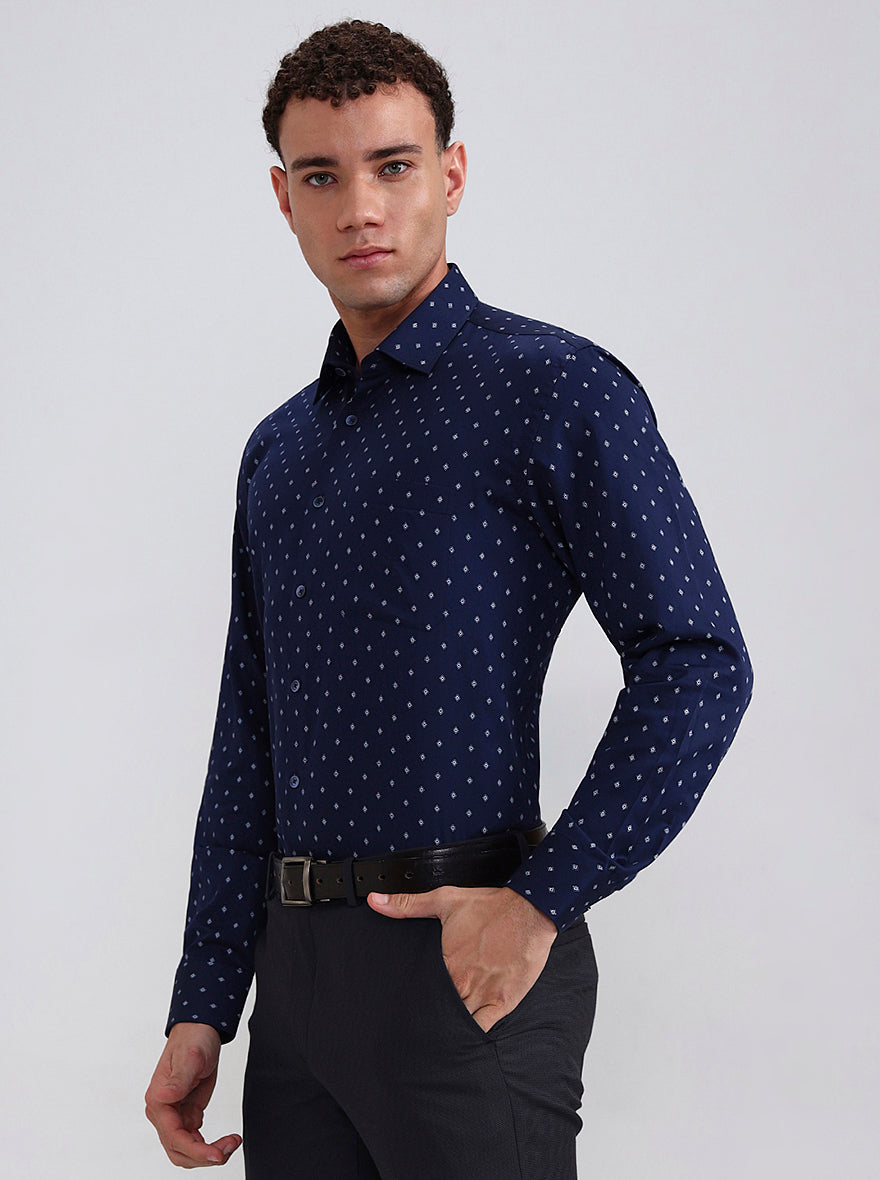 Blue Printed Regular Fit Formal Shirt | JadeBlue