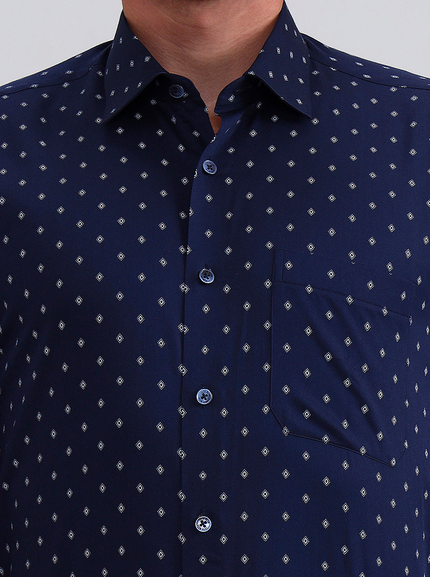 Blue Printed Regular Fit Formal Shirt | JadeBlue