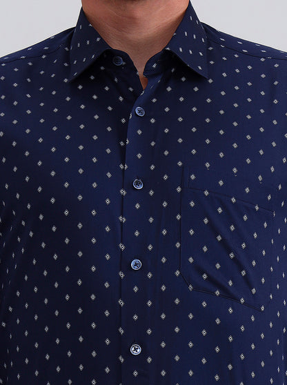 Blue Printed Regular Fit Formal Shirt | JadeBlue