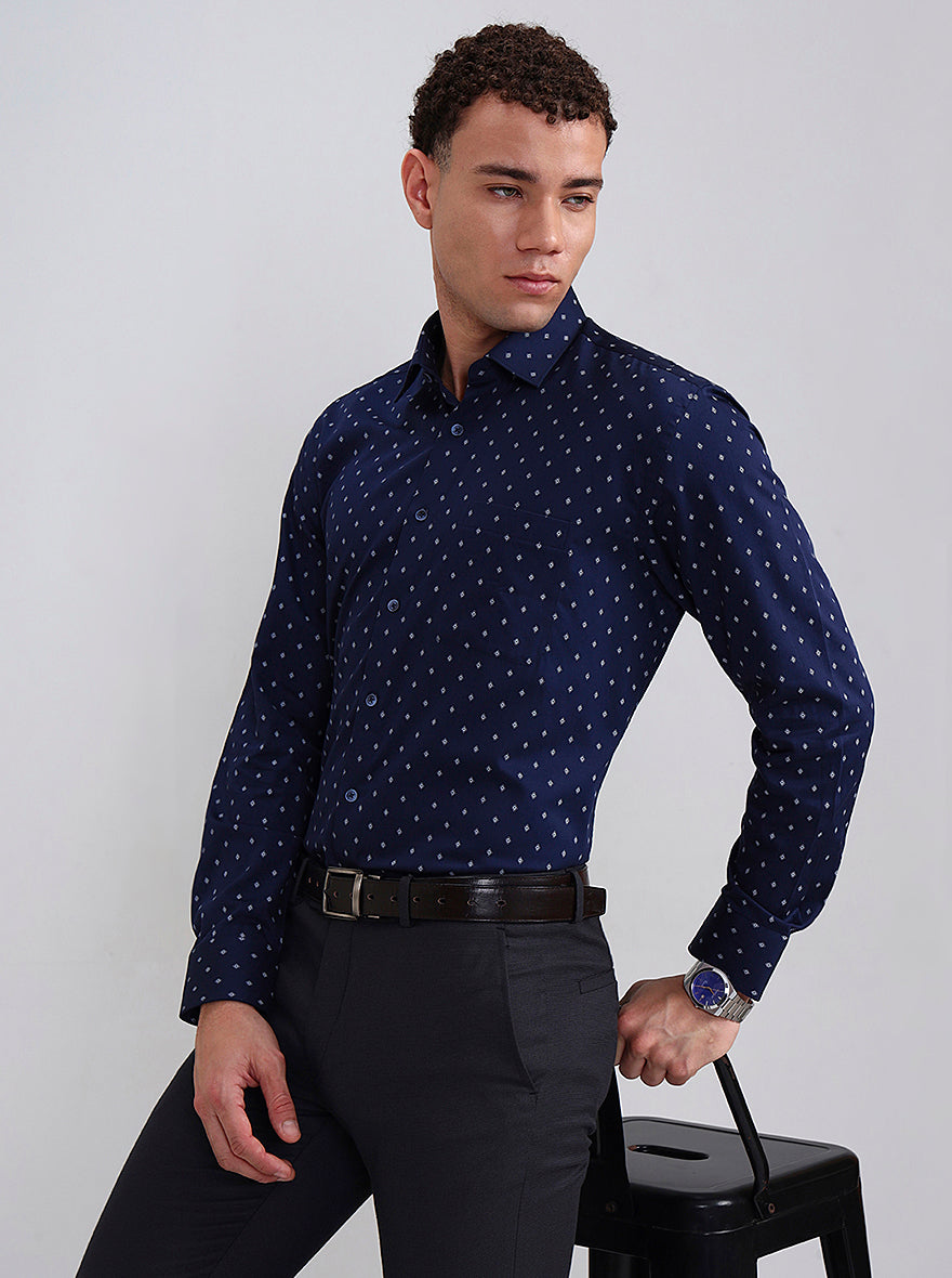 Blue Printed Regular Fit Formal Shirt | JadeBlue