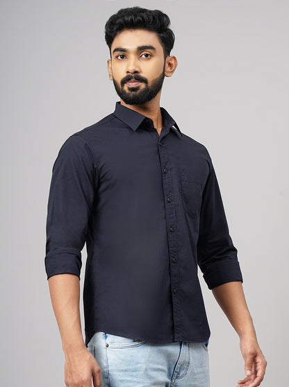 Navy Blue Solid Slim Fit Casual Shirt | Greenfibre