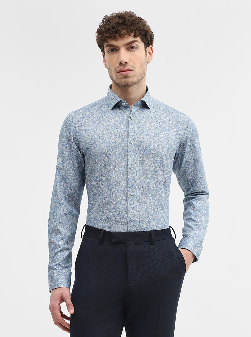 Blue & White Printed Slim Fit Party Wear Shirt | Wyre