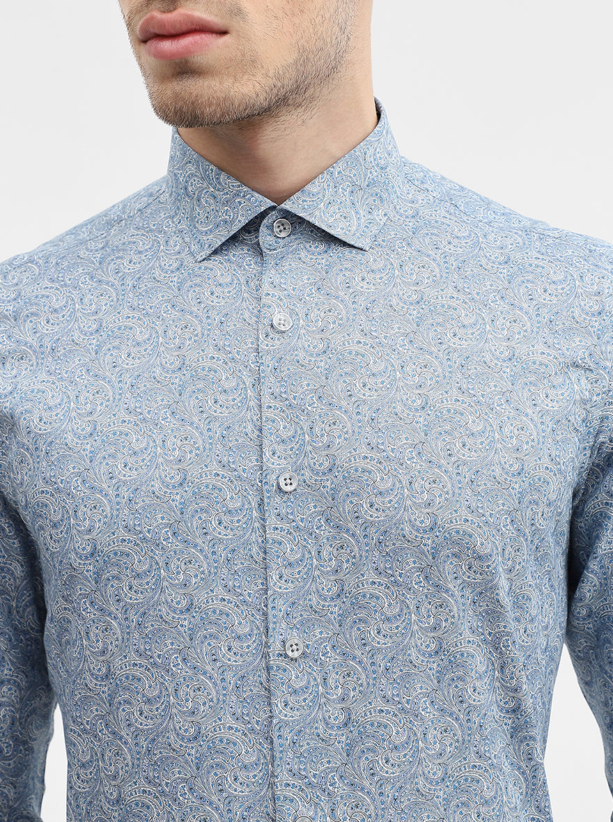 Blue & White Printed Slim Fit Party Wear Shirt | Wyre