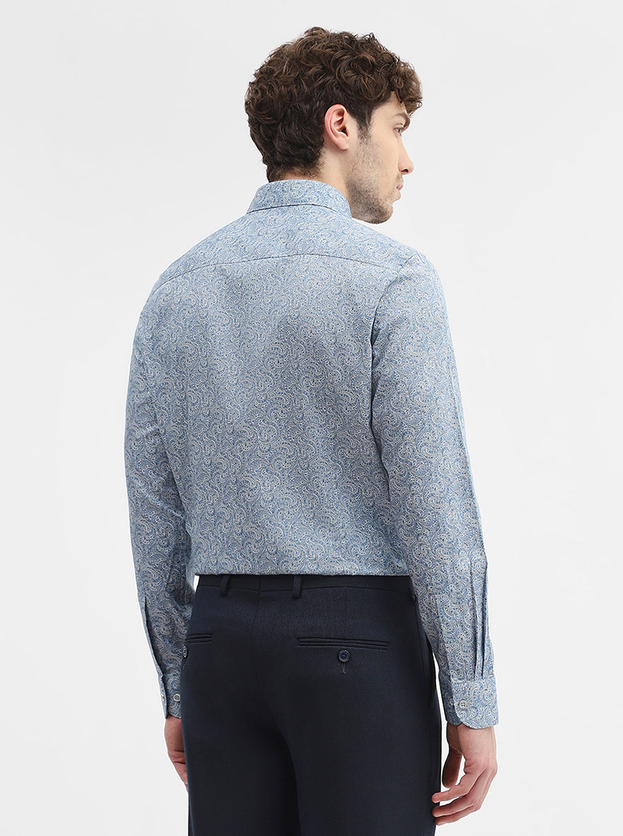 Blue & White Printed Slim Fit Party Wear Shirt | Wyre
