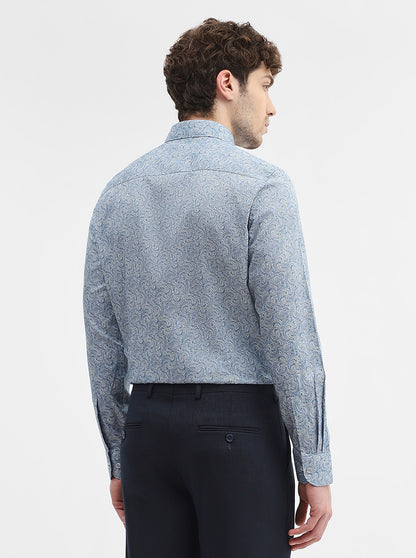 Blue & White Printed Slim Fit Party Wear Shirt | Wyre