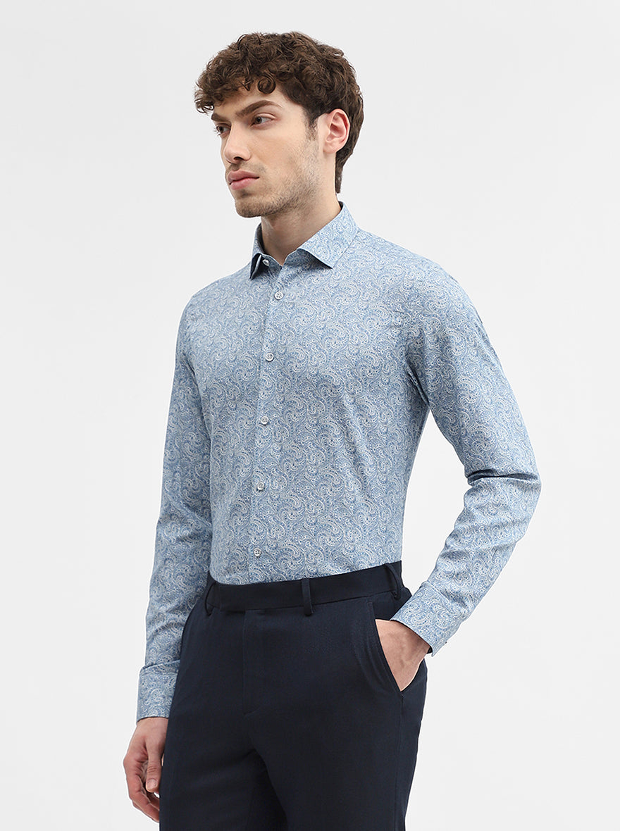 Blue & White Printed Slim Fit Party Wear Shirt | Wyre