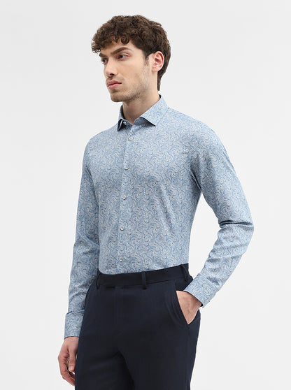 Blue & White Printed Slim Fit Party Wear Shirt | Wyre