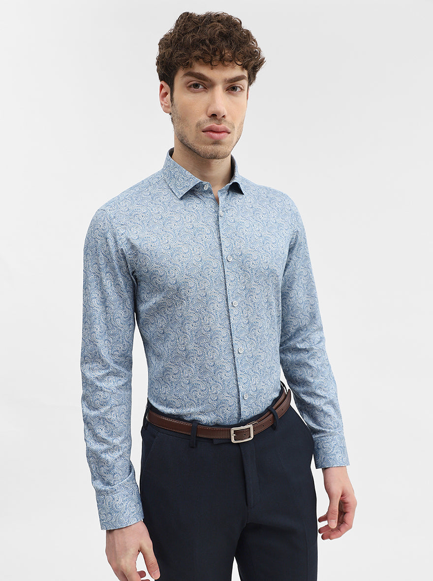 Blue & White Printed Slim Fit Party Wear Shirt | Wyre