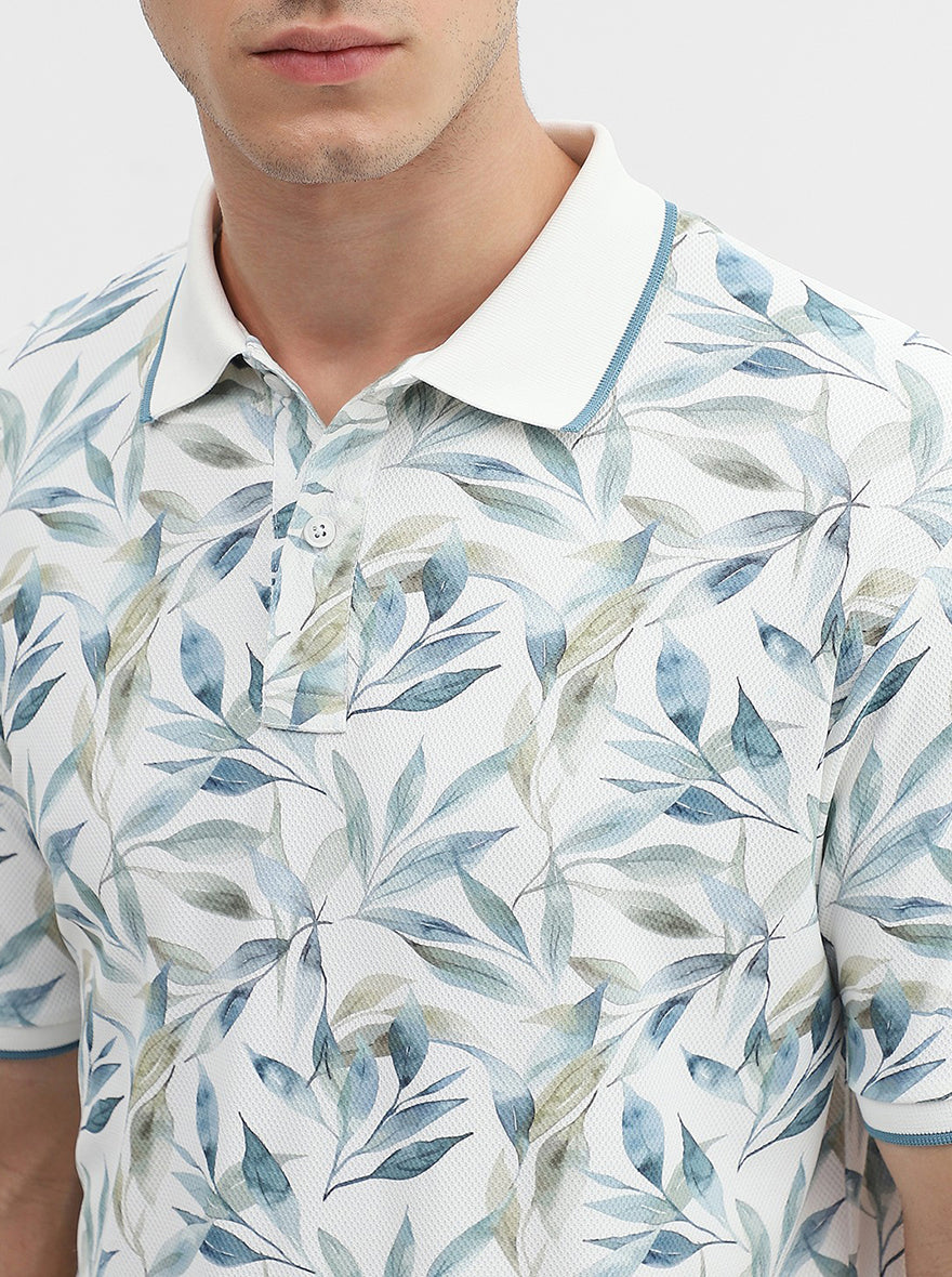 White Printed Slim Fit Polo T-Shirt | Greenfibre