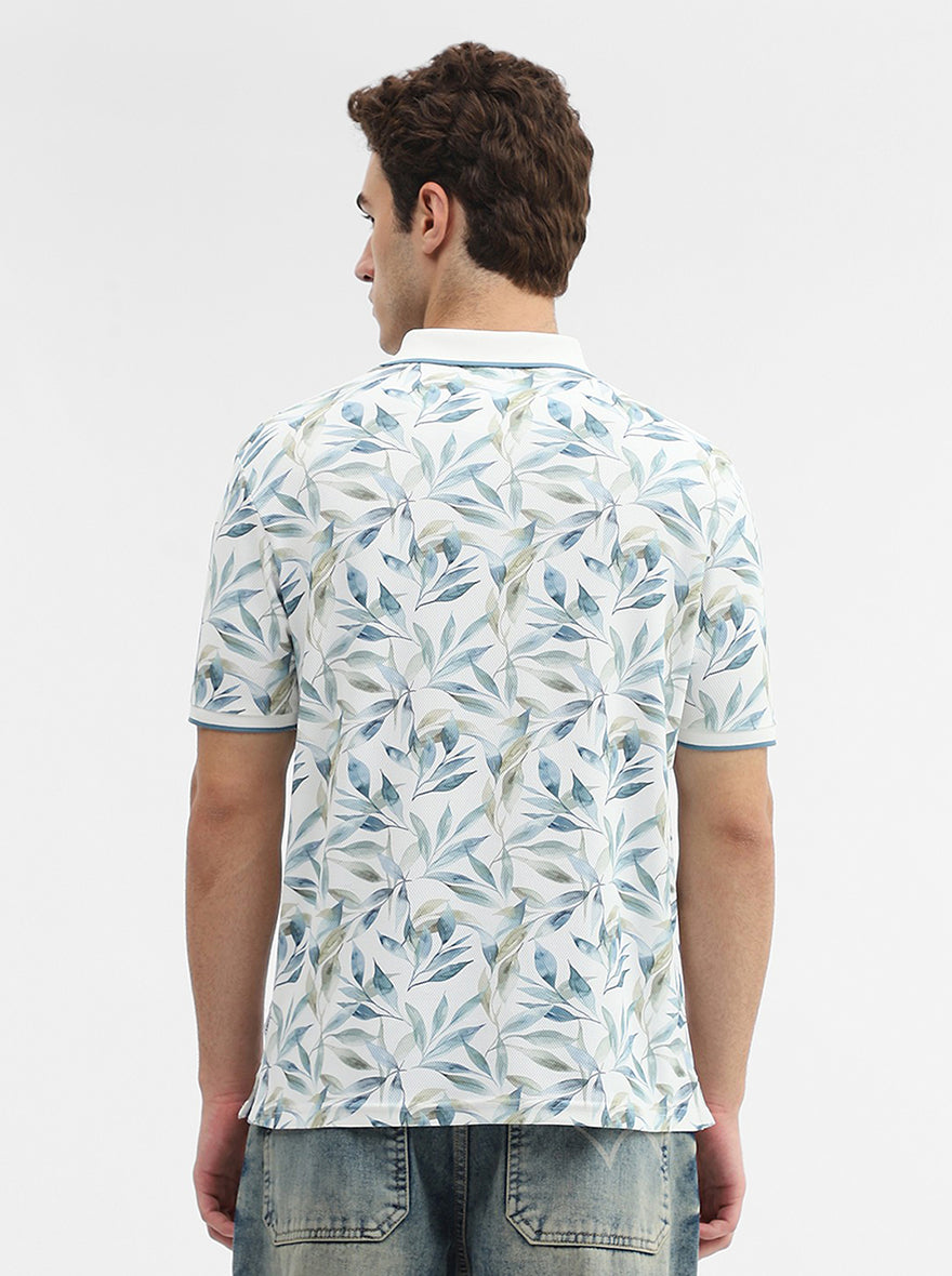 White Printed Slim Fit Polo T-Shirt | Greenfibre