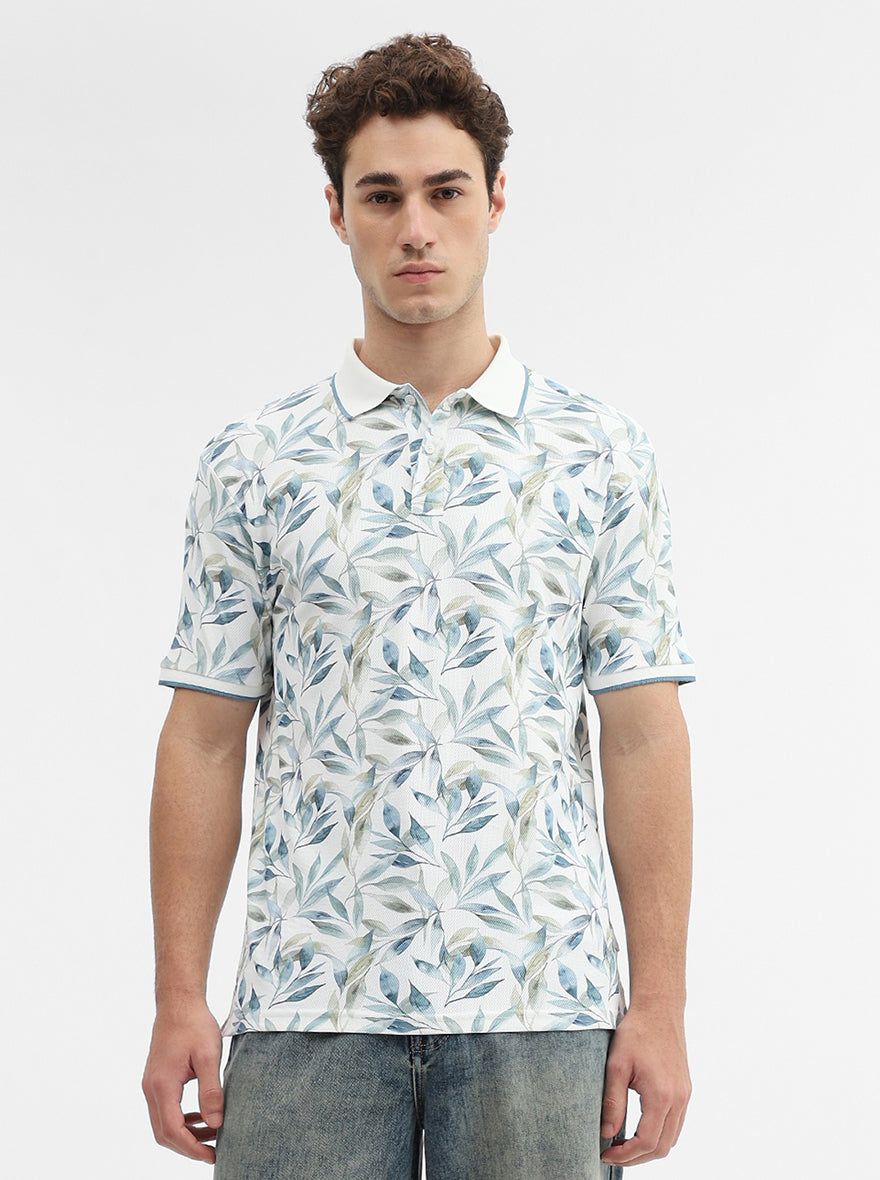 White Printed Slim Fit Polo T-Shirt | Greenfibre