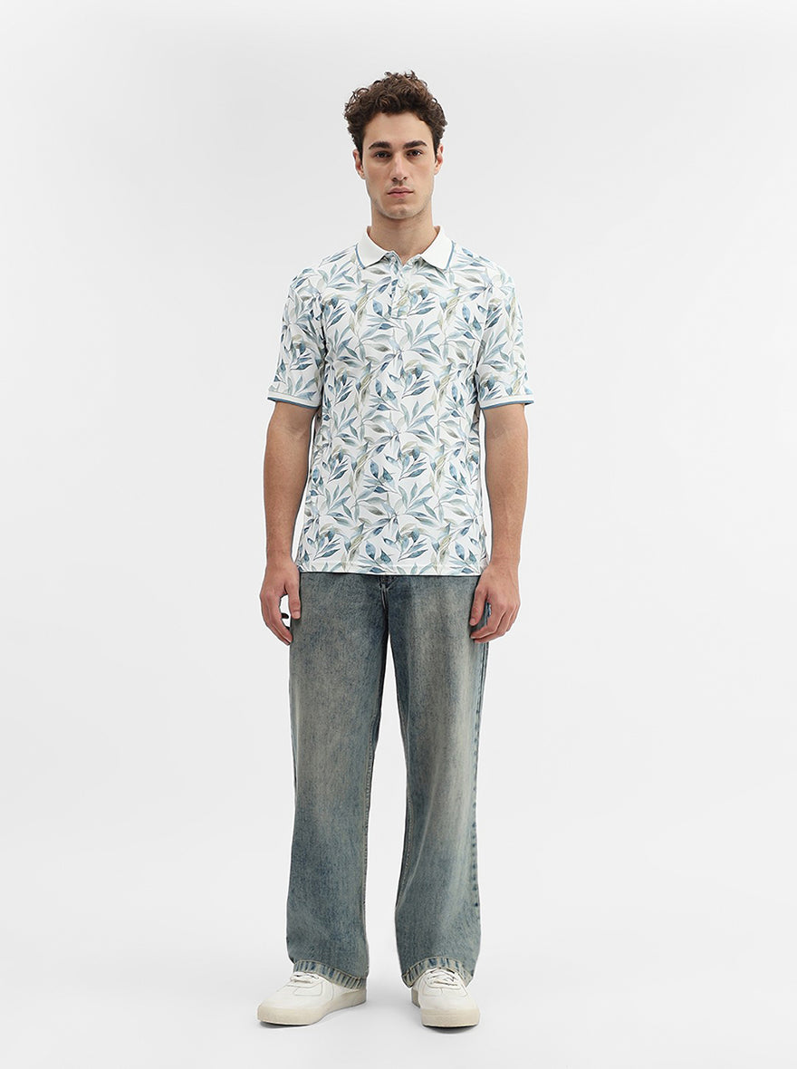 White Printed Slim Fit Polo T-Shirt | Greenfibre