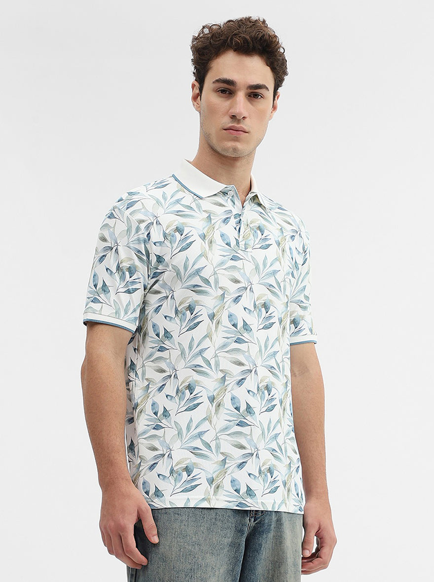 White Printed Slim Fit Polo T-Shirt | Greenfibre