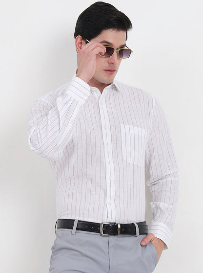 White & Grey Striped Regular Fit Formal Shirt | JadeBlue