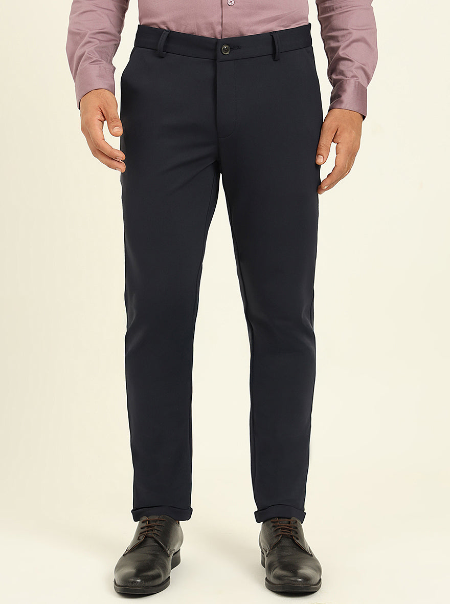 Navy Blue Solid Venice Fit Casual Trouser | JadeBlue