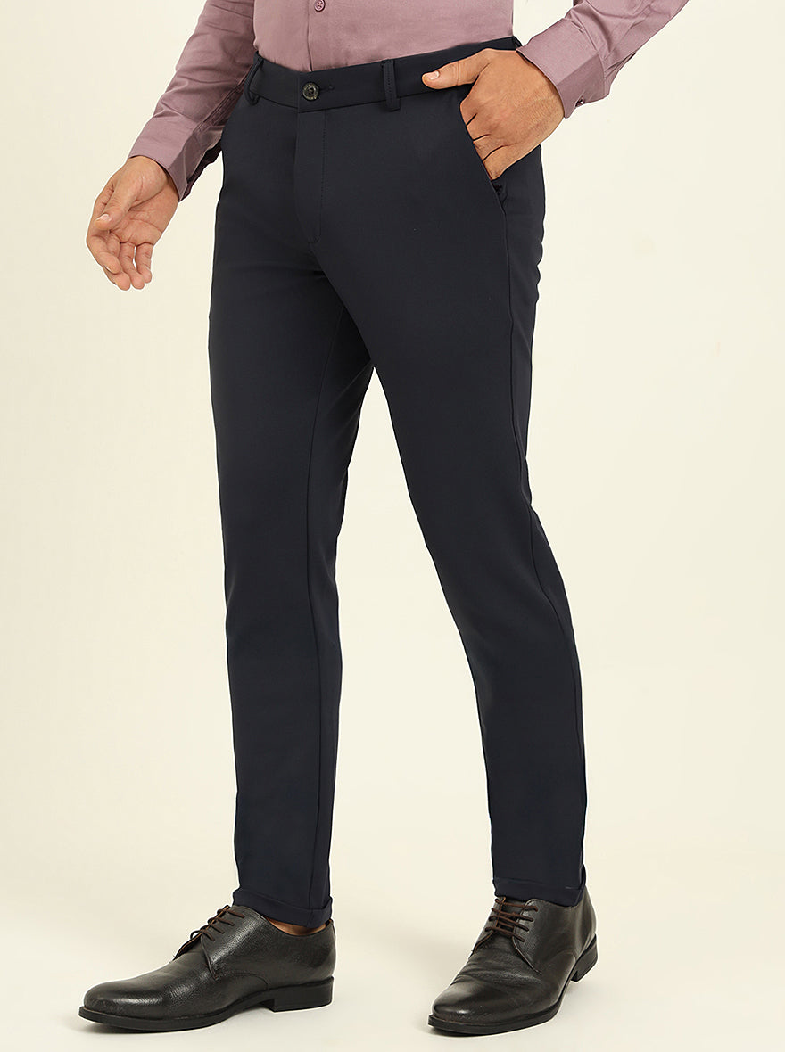 Navy Blue Solid Venice Fit Casual Trouser | JadeBlue