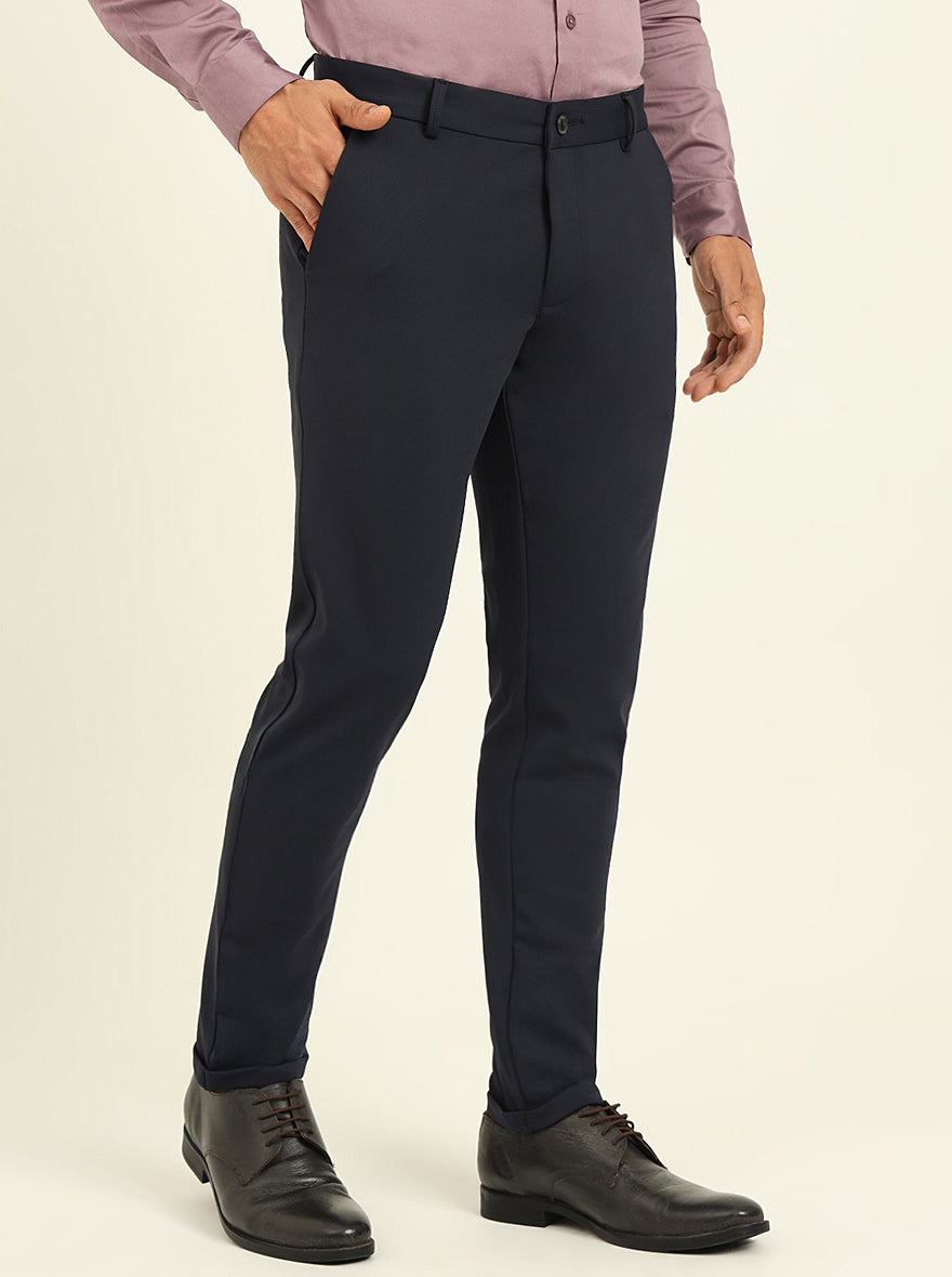 Navy Blue Solid Venice Fit Casual Trouser | JadeBlue