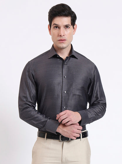 Dark Grey Solid Slim Fit Formal Shirt | JadeBlue Super Luxe