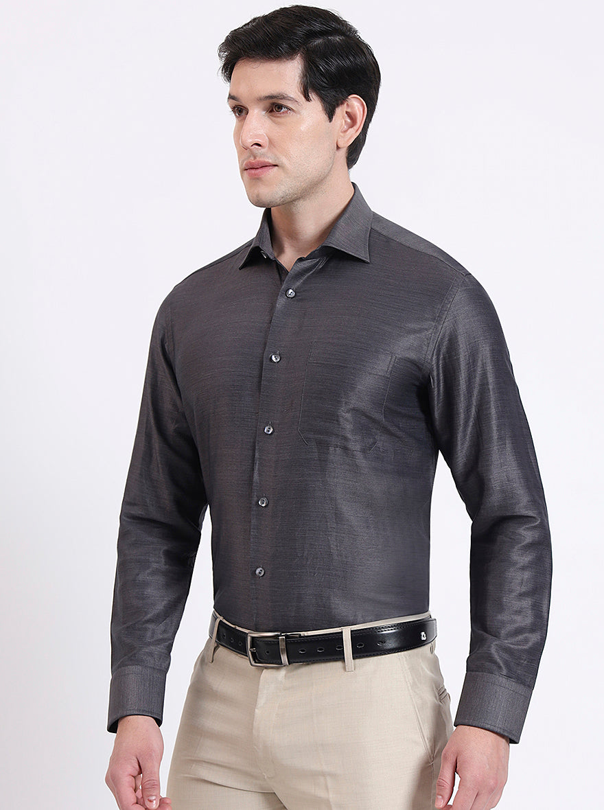 Dark Grey Solid Slim Fit Formal Shirt | JadeBlue Super Luxe
