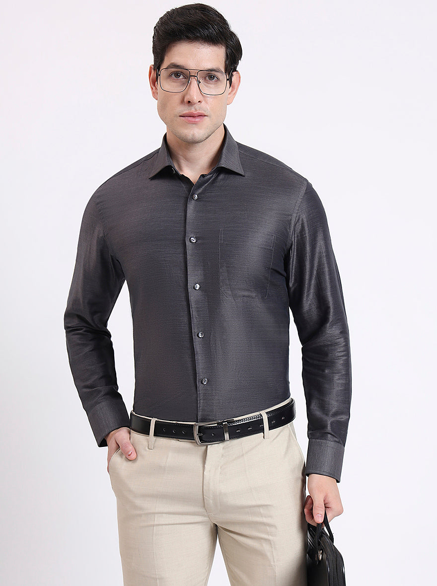 Dark Grey Solid Slim Fit Formal Shirt | JadeBlue Super Luxe